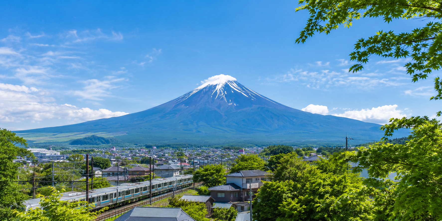 Mount Fuji overlooking a Japanese neighborhood and railway